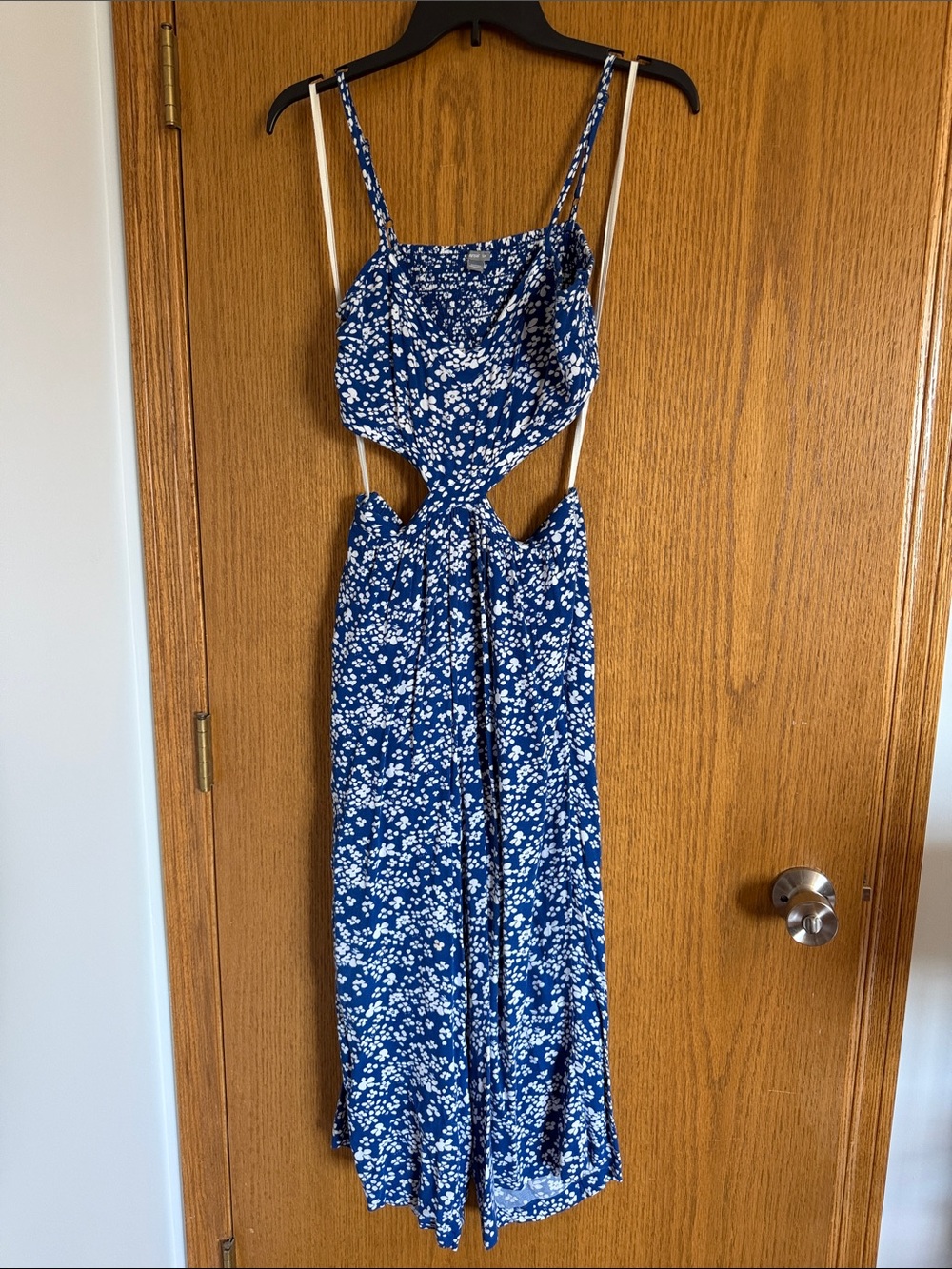 Blue Floral Cutout Maxi Jumpsuit with Adjustable Straps